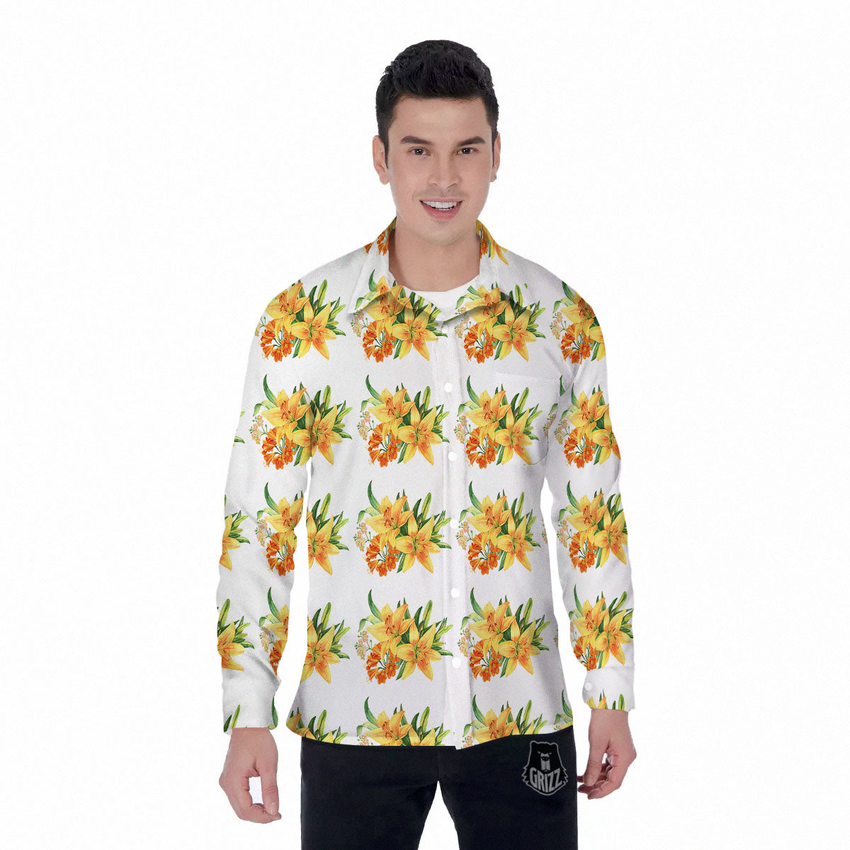 Yellow Lily Watercolor Print Pattern Men's Long Sleeve Shirts-grizzshop