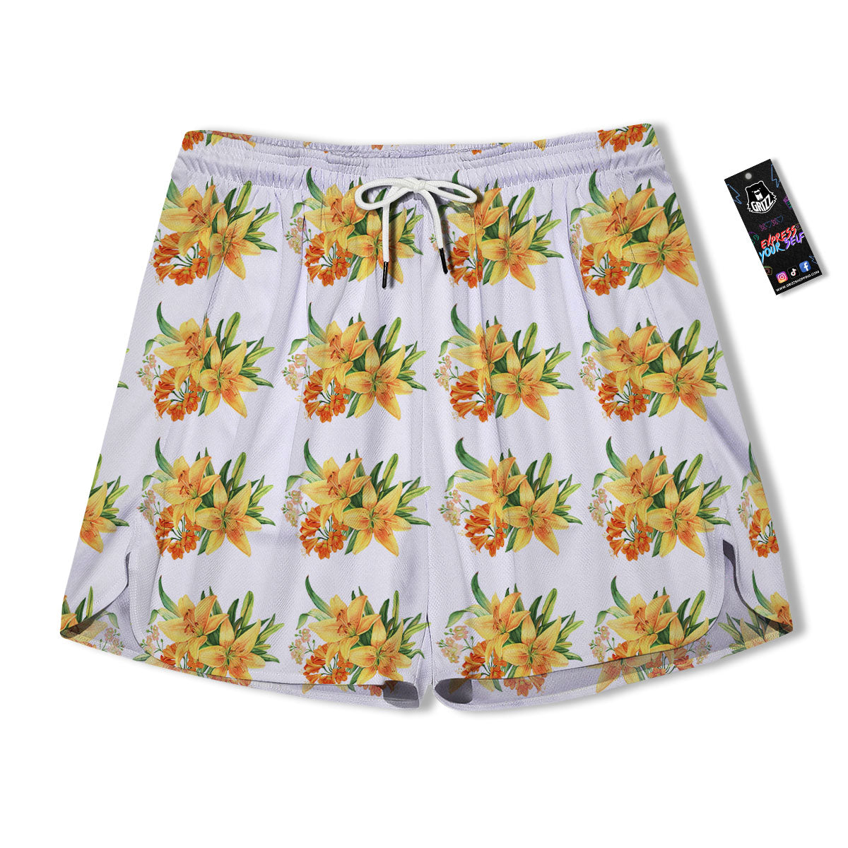 Yellow Lily Watercolor Print Pattern Men's Running Shorts-grizzshop