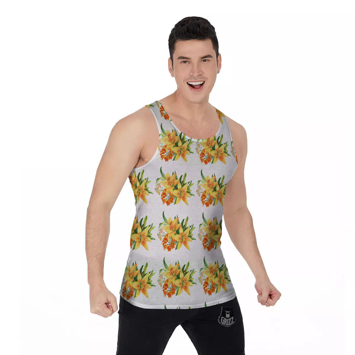 Yellow Lily Watercolor Print Pattern Men's Tank Top-grizzshop