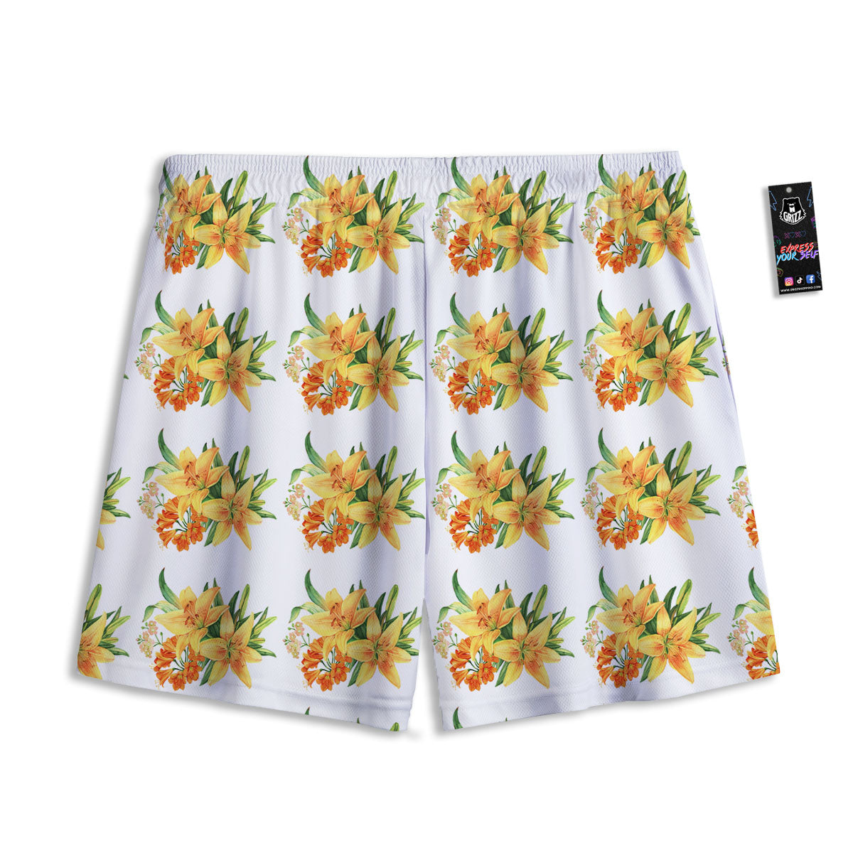 Yellow Lily Watercolor Print Pattern Mesh Shorts
