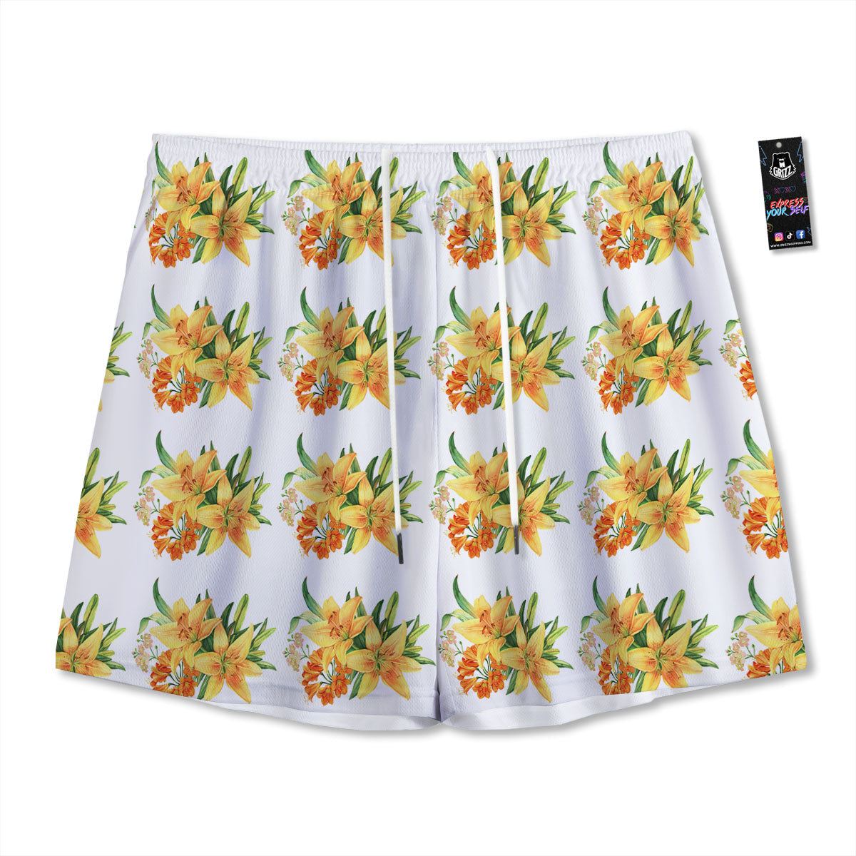 Yellow Lily Watercolor Print Pattern Mesh Shorts