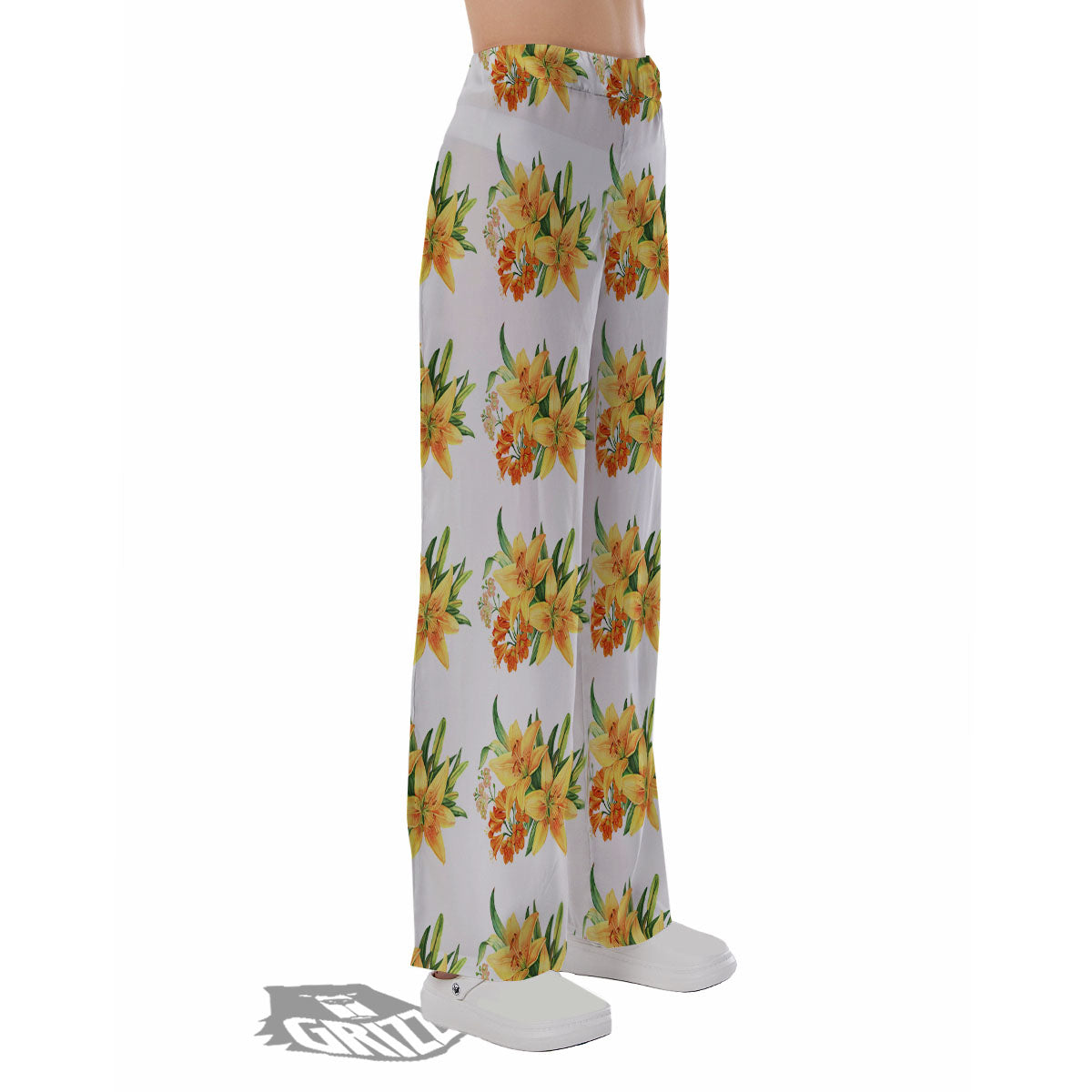 Yellow Lily Watercolor Print Pattern Pajama Pants-grizzshop
