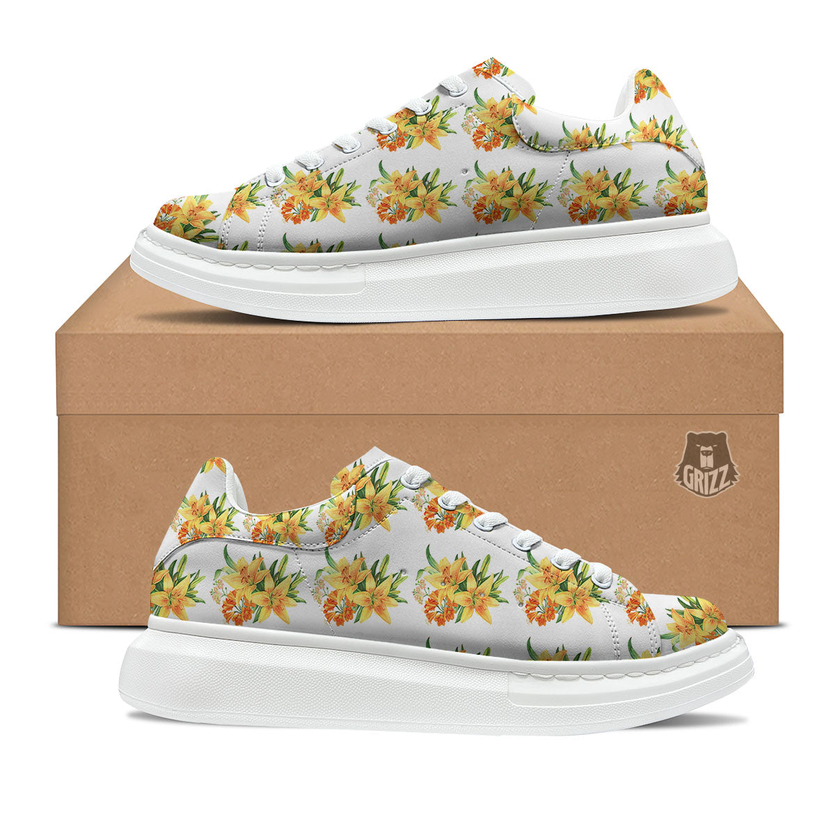 Yellow Lily Watercolor Print Pattern Platform Shoes-grizzshop