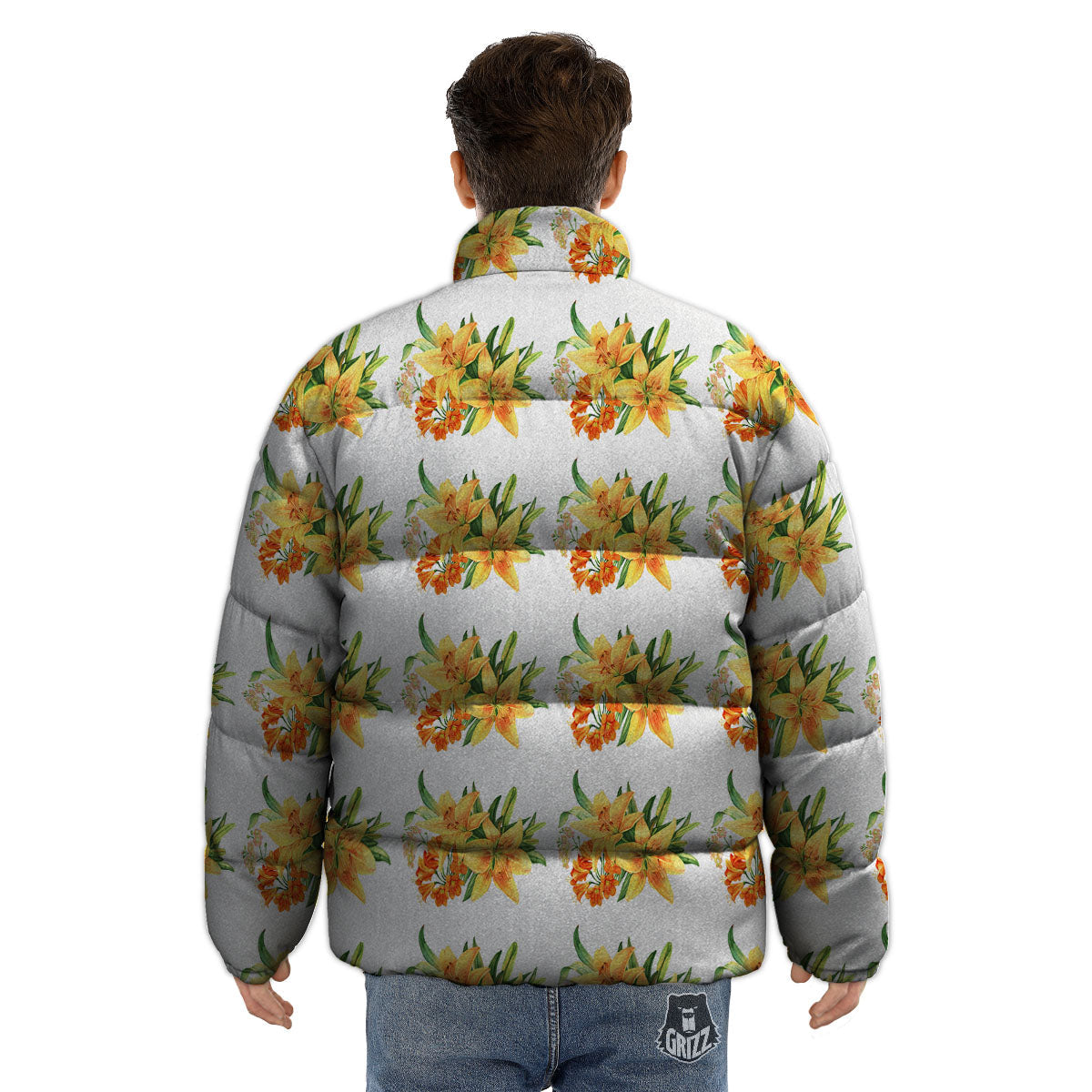 Yellow Lily Watercolor Print Pattern Puffer Jacket-grizzshop
