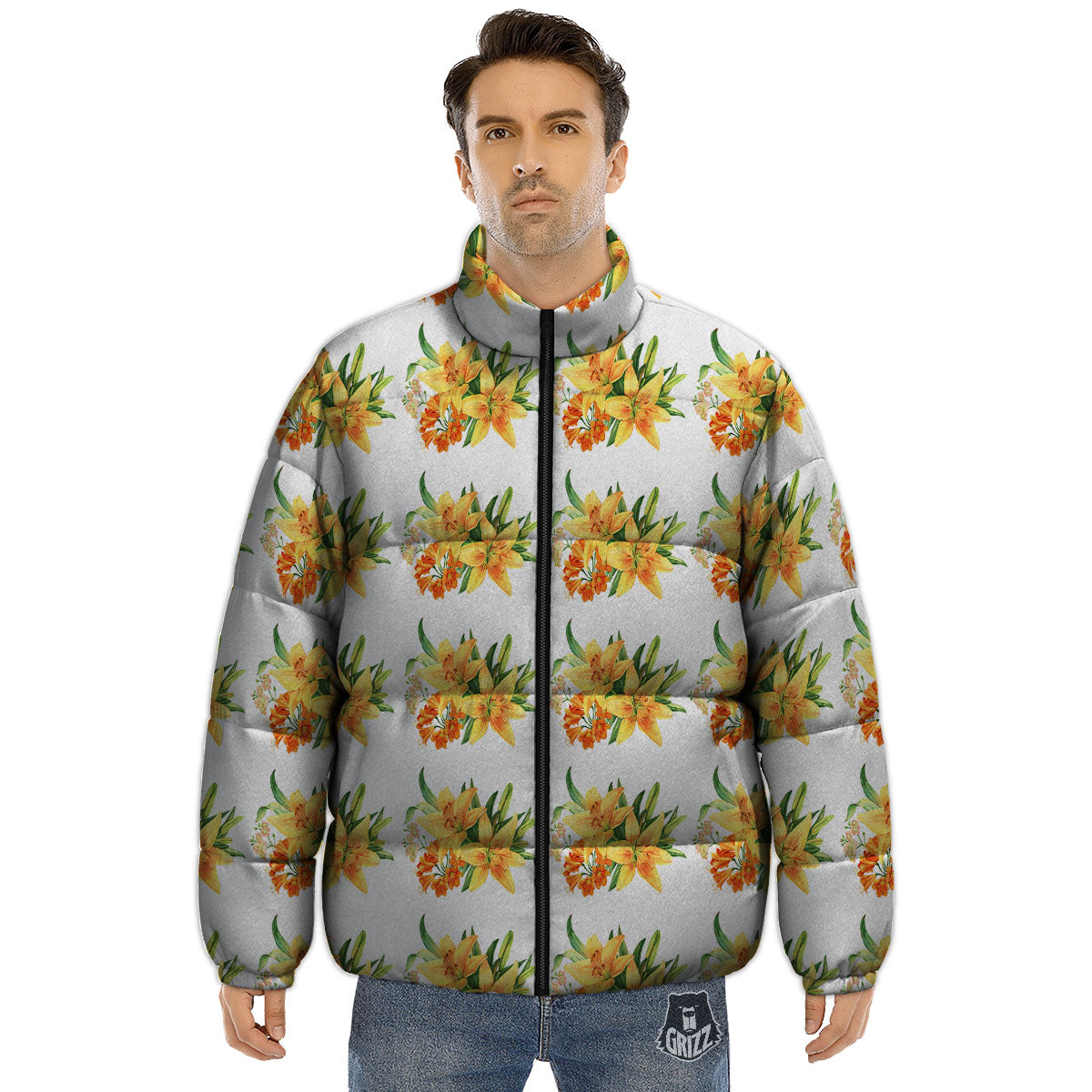 Yellow Lily Watercolor Print Pattern Puffer Jacket-grizzshop