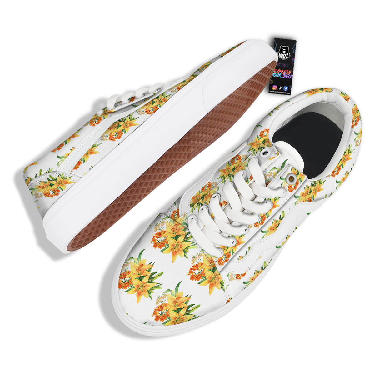 Yellow Lily Watercolor Print Pattern Skate Shoes-grizzshop