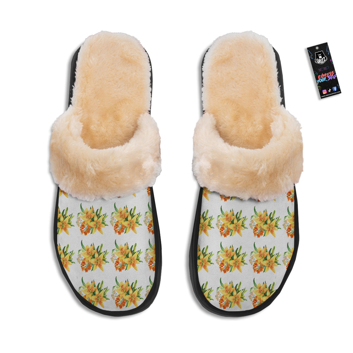 Yellow Lily Watercolor Print Pattern Slippers-grizzshop