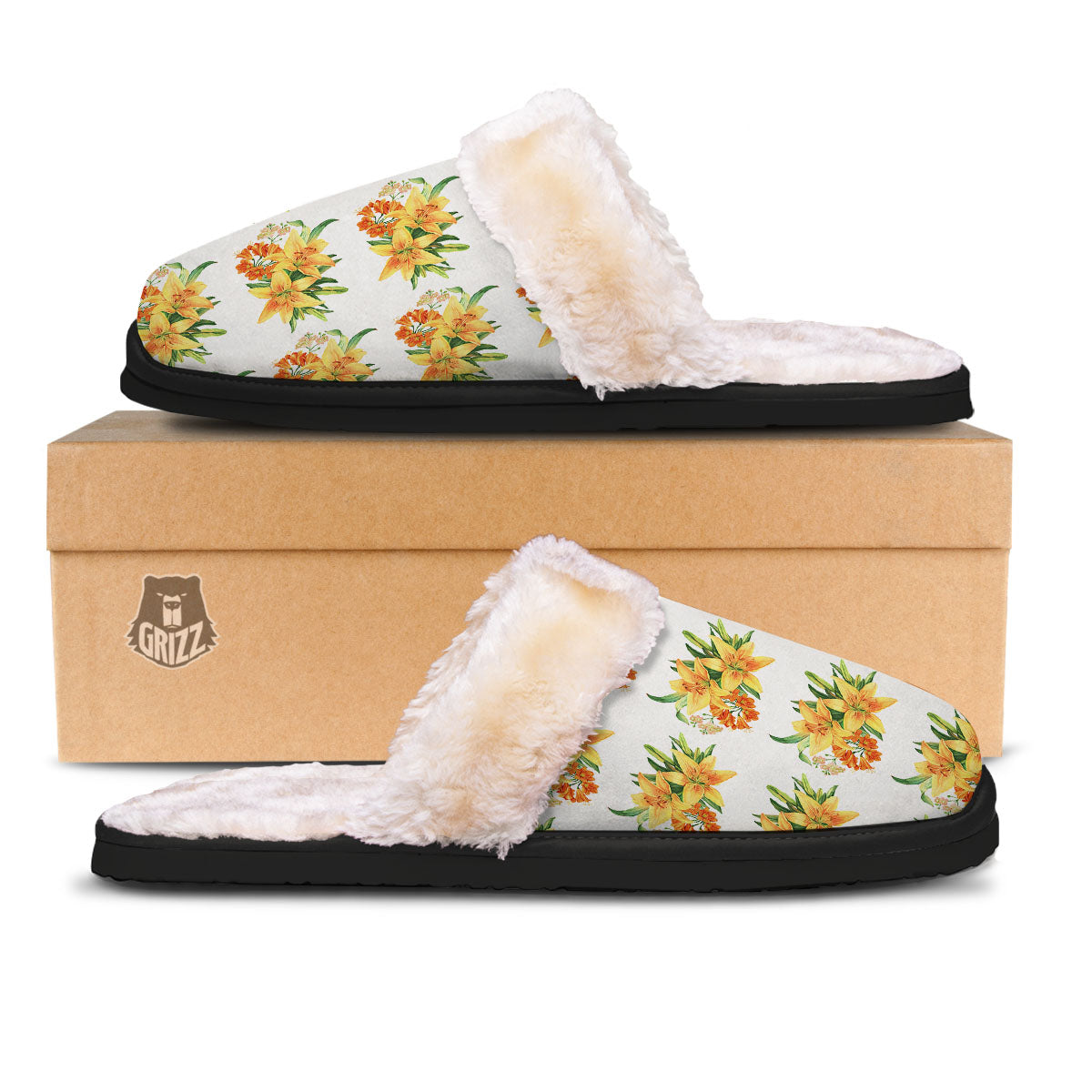 Yellow Lily Watercolor Print Pattern Slippers-grizzshop