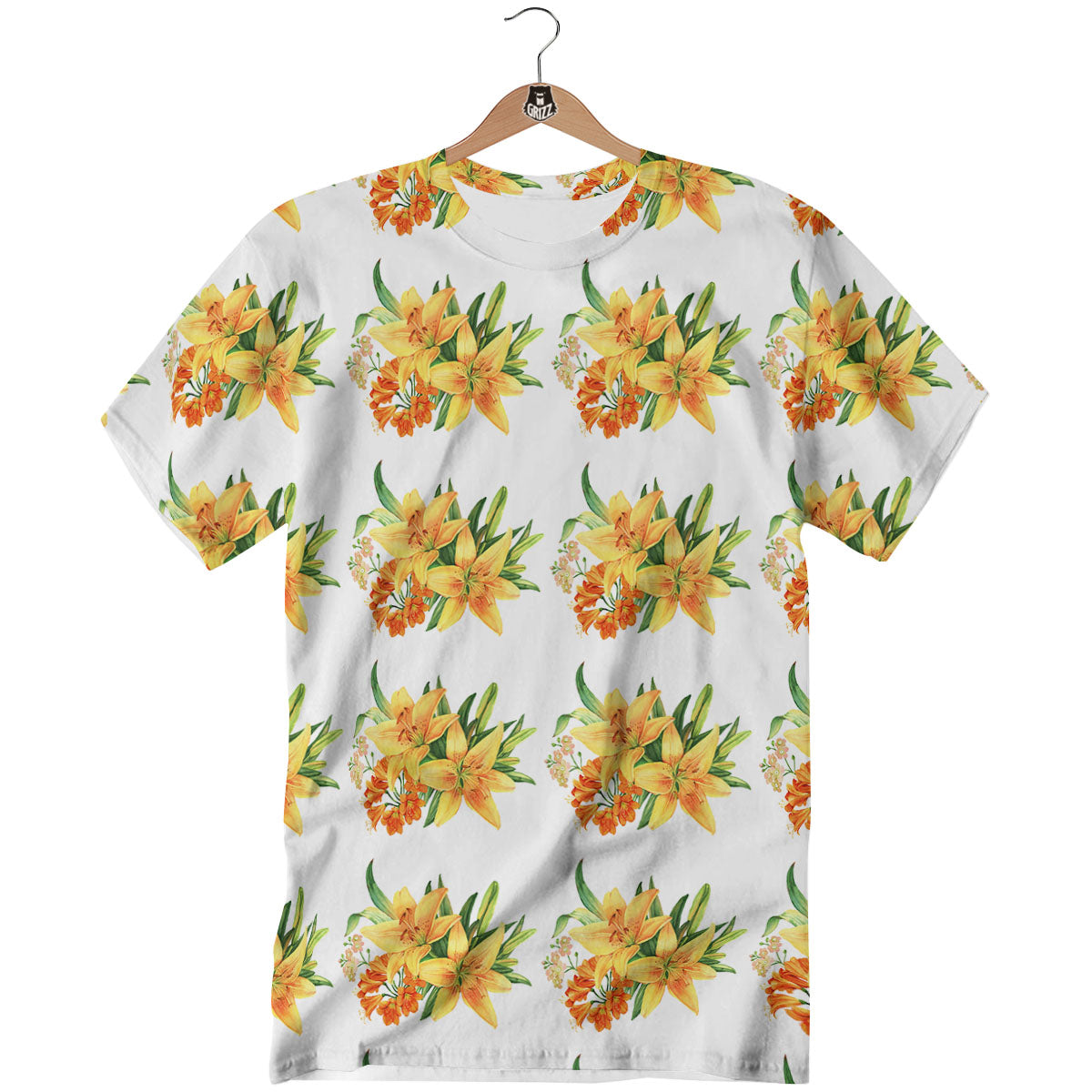 Yellow Lily Watercolor Print Pattern T-Shirt-grizzshop