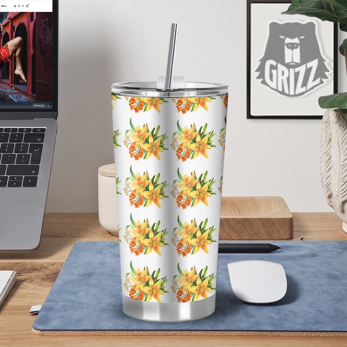 Yellow Lily Watercolor Print Pattern Tumbler-grizzshop