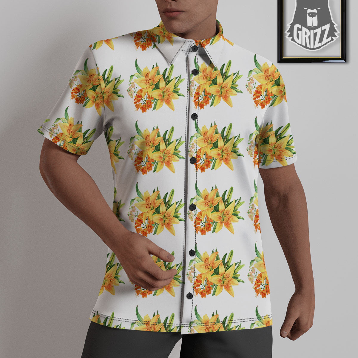Yellow Lily Watercolor Print Pattern Untucked Shirts-grizzshop