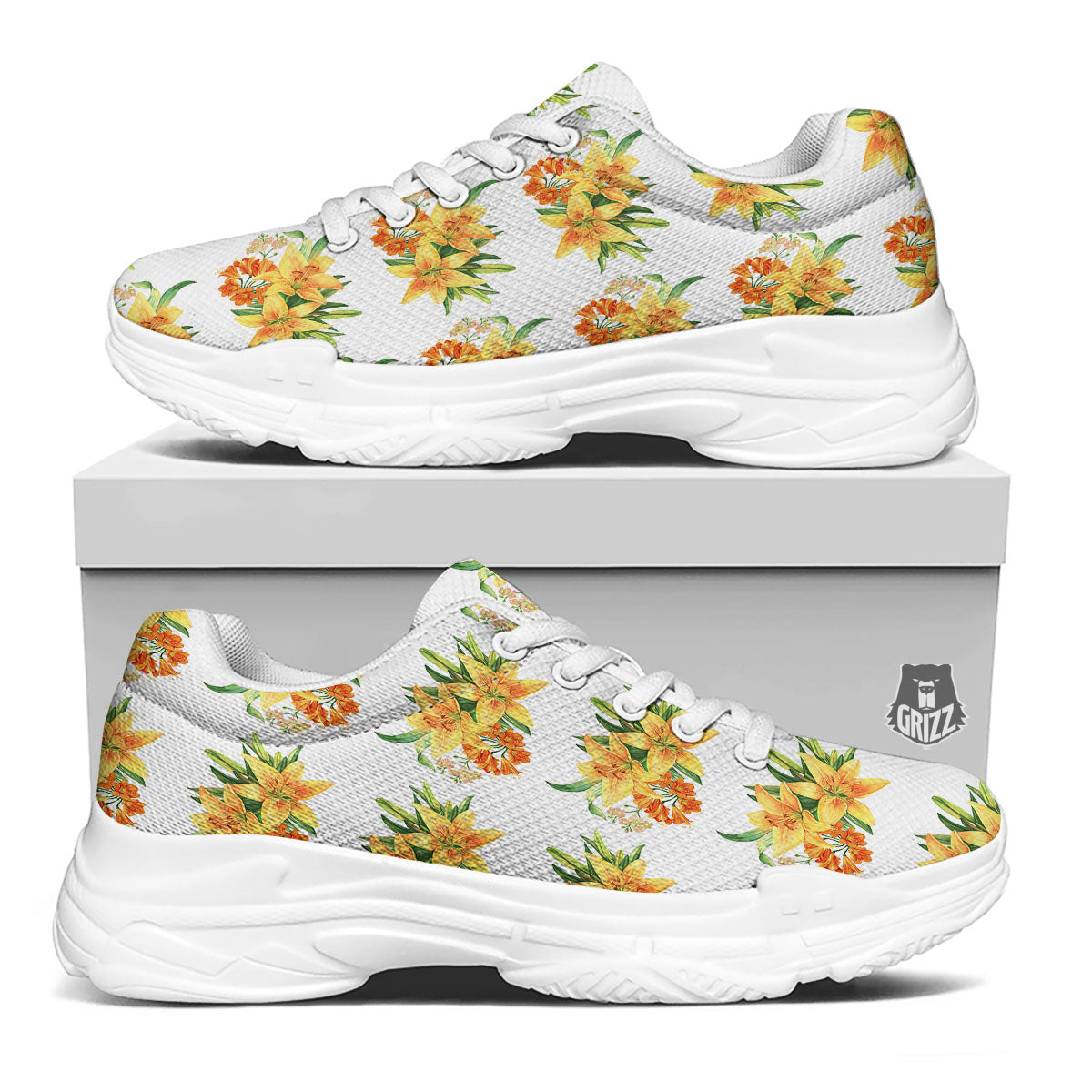 Yellow Lily Watercolor Print Pattern White Chunky Shoes-grizzshop