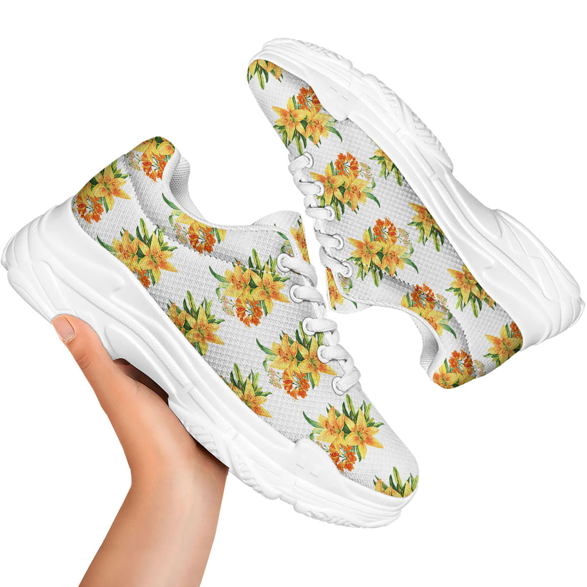 Yellow Lily Watercolor Print Pattern White Chunky Shoes-grizzshop