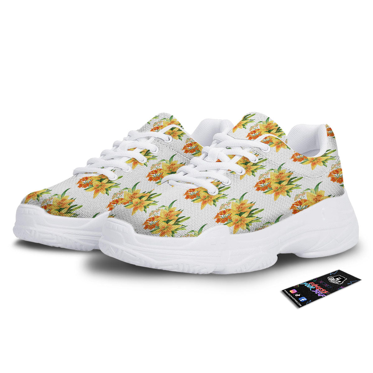 Yellow Lily Watercolor Print Pattern White Chunky Shoes-grizzshop
