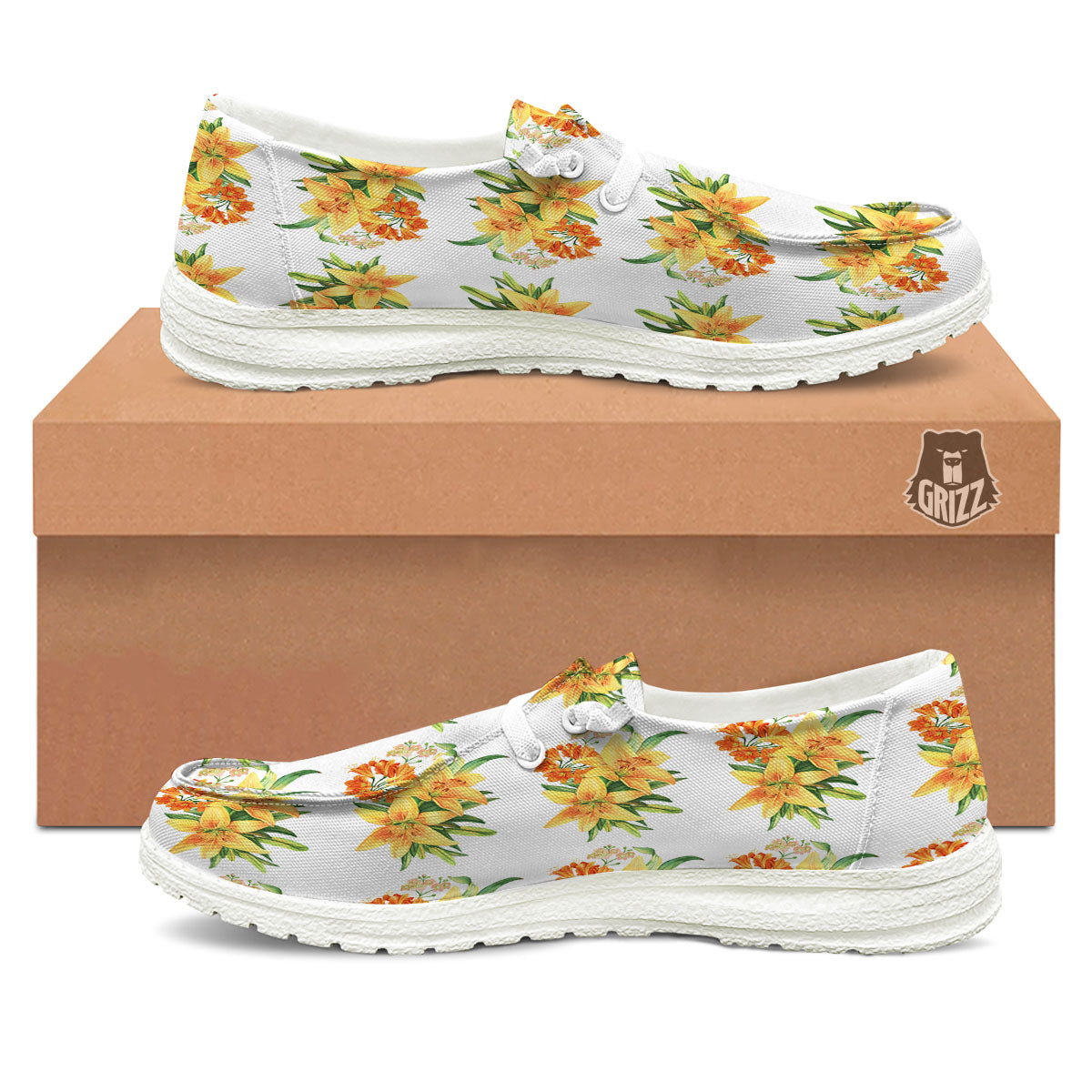 Yellow Lily Watercolor Print Pattern White Loafers-grizzshop