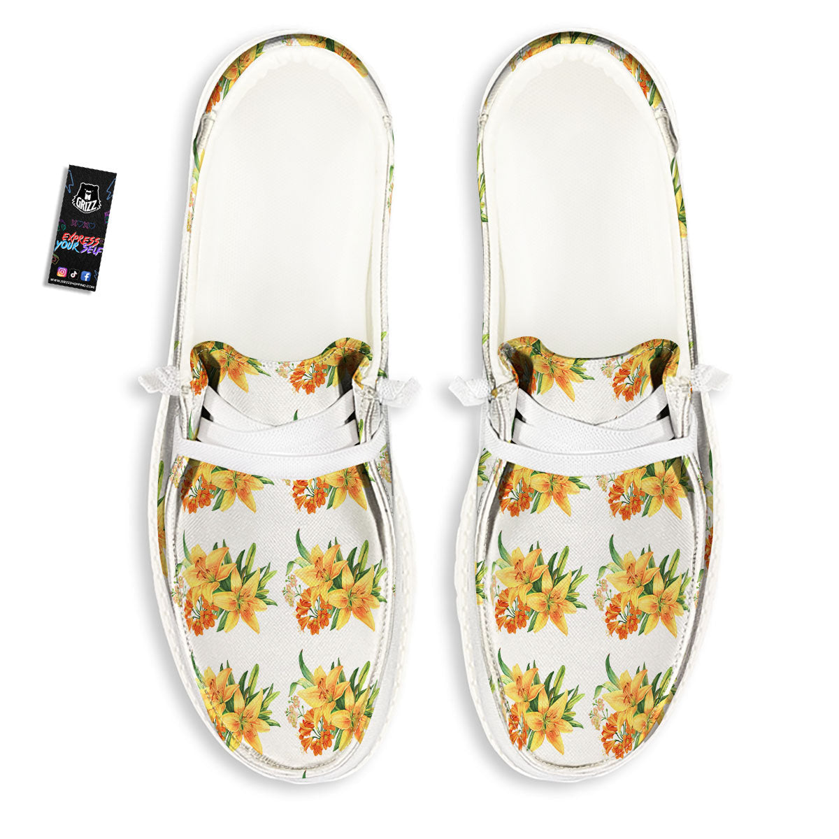 Yellow Lily Watercolor Print Pattern White Loafers-grizzshop