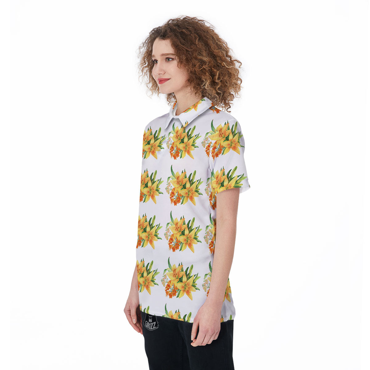 Yellow Lily Watercolor Print Pattern Women's Golf Shirts-grizzshop