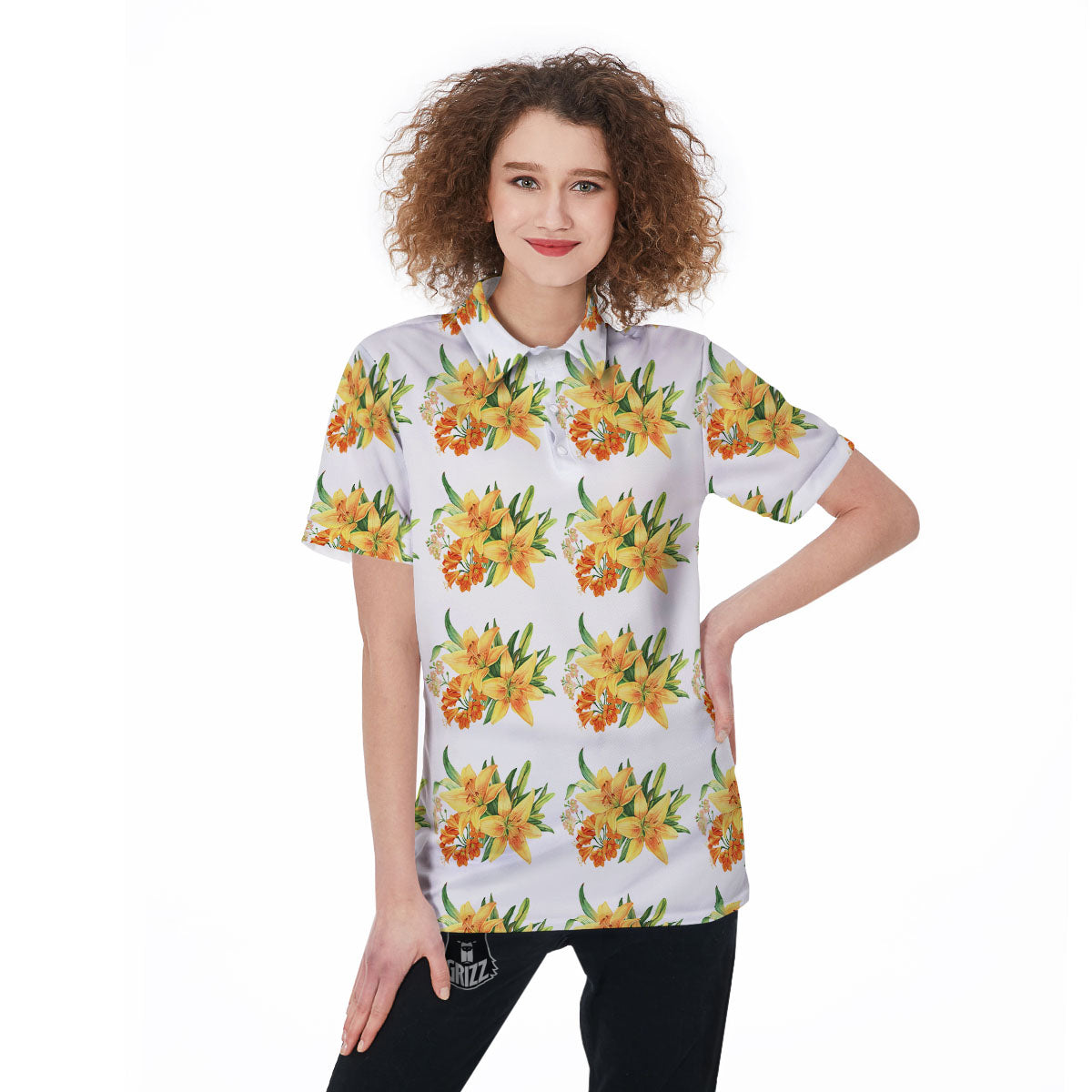 Yellow Lily Watercolor Print Pattern Women's Golf Shirts-grizzshop
