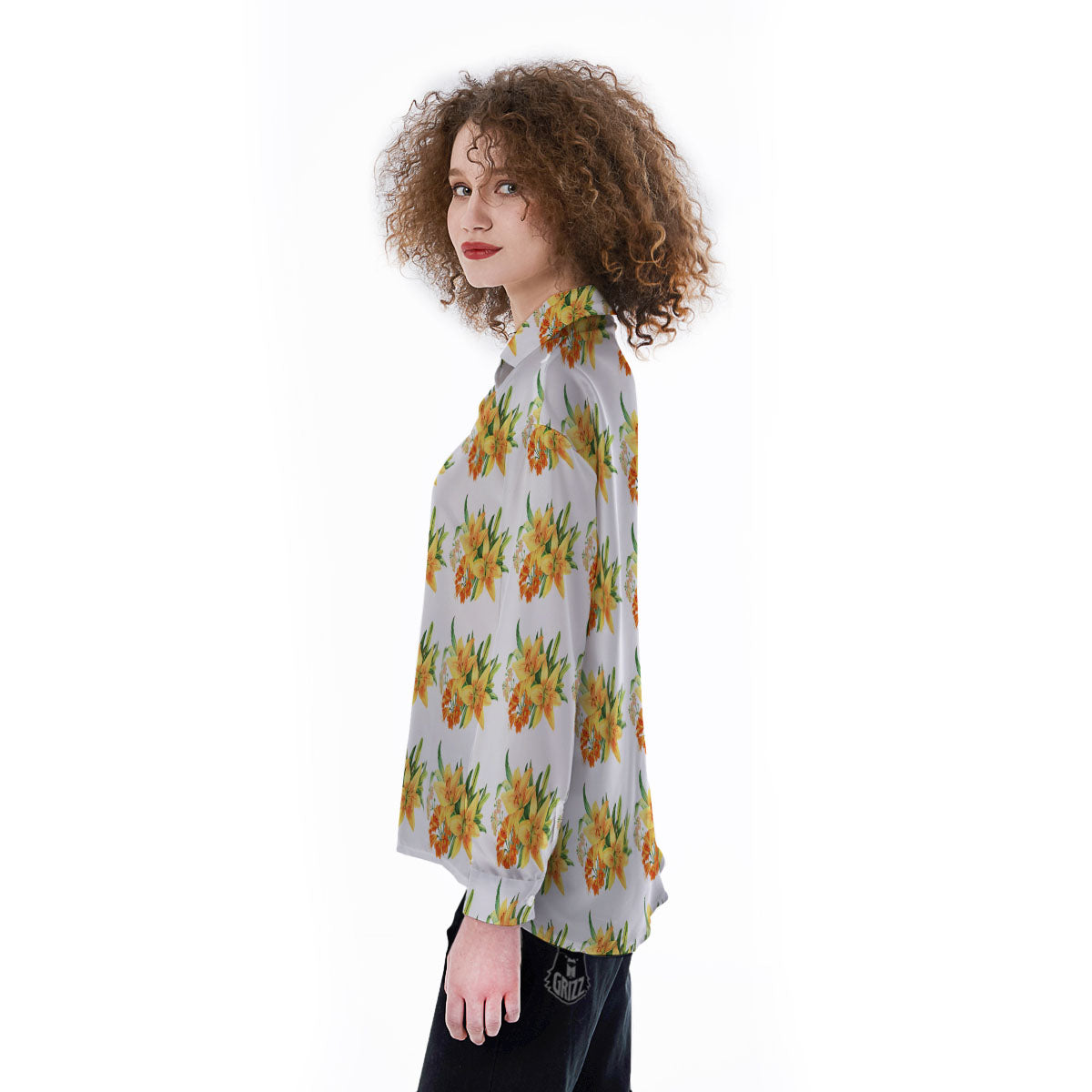 Yellow Lily Watercolor Print Pattern Women's Long Sleeve Shirts-grizzshop