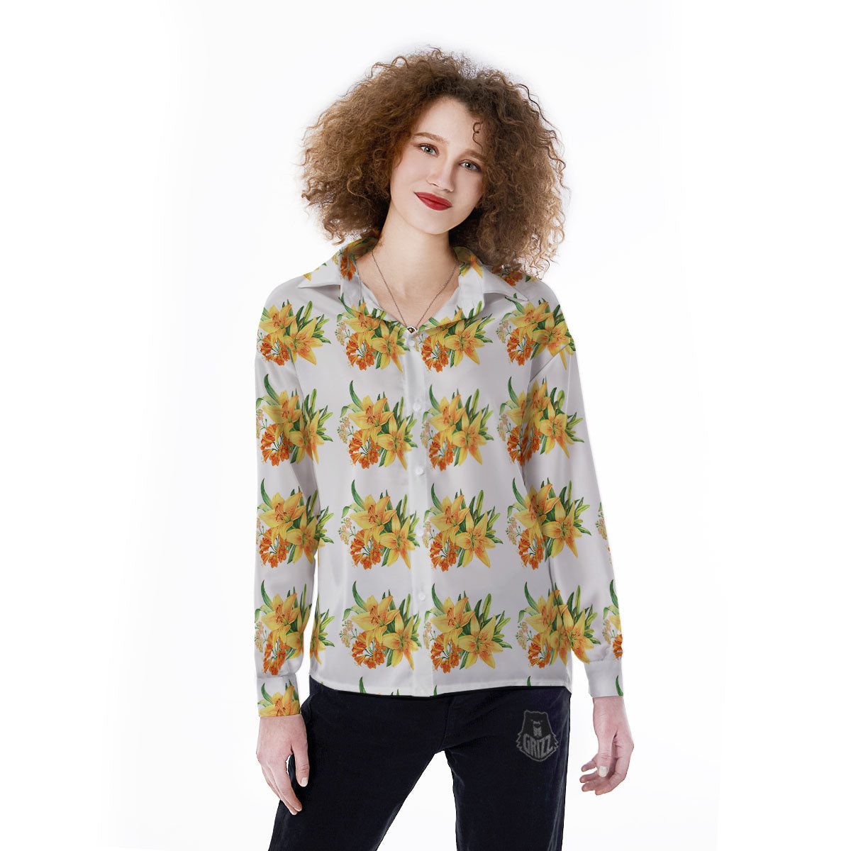Yellow Lily Watercolor Print Pattern Women's Long Sleeve Shirts-grizzshop