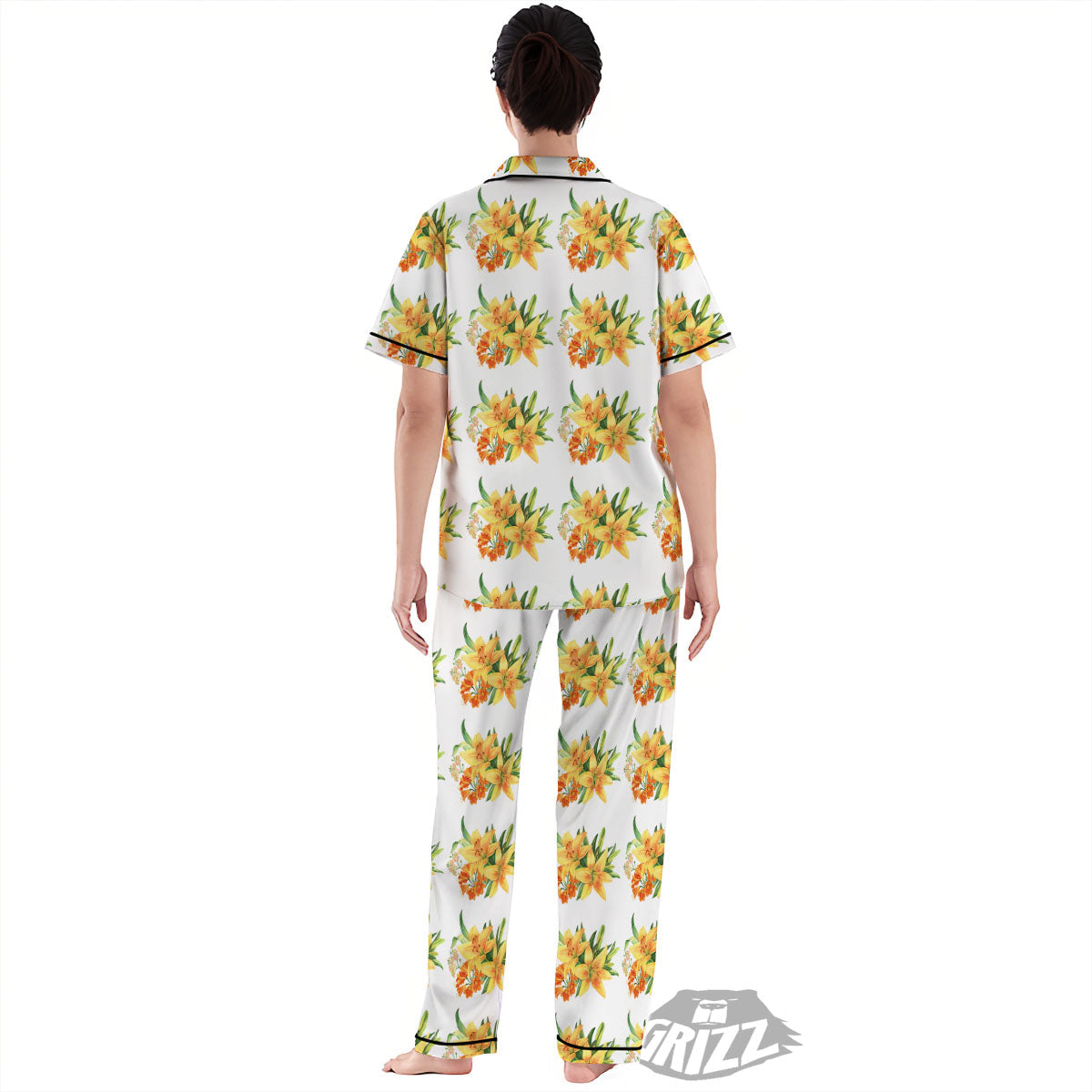 Yellow Lily Watercolor Print Pattern Women's Pajamas Set-grizzshop