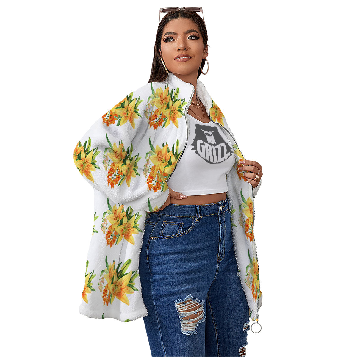 Yellow Lily Watercolor Print Pattern Women's Sherpa Jacket-grizzshop