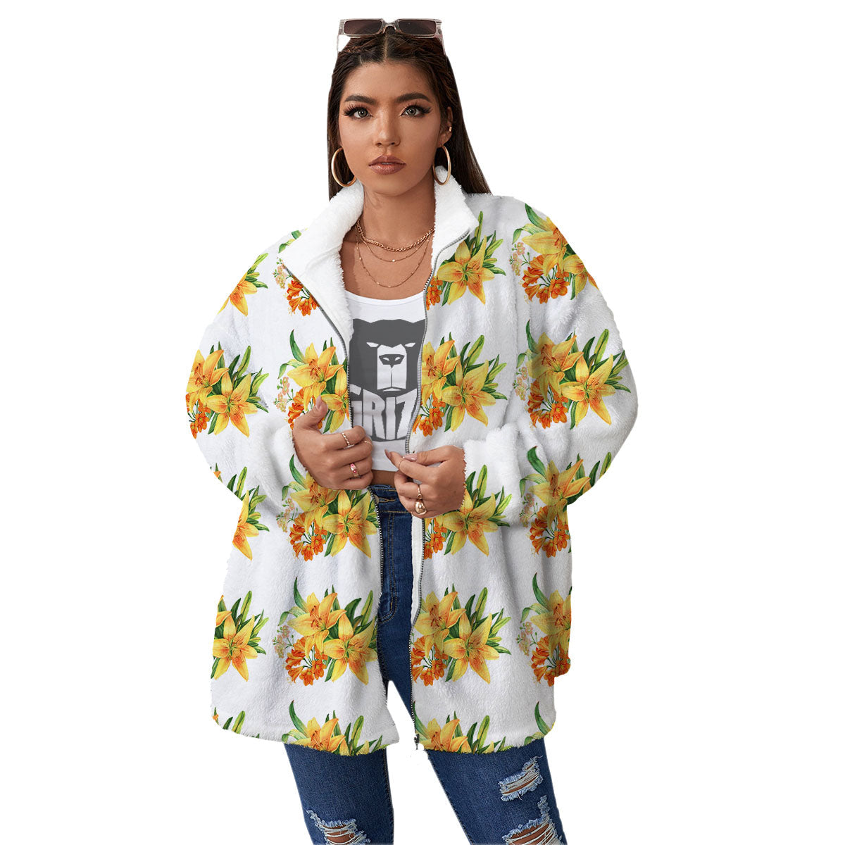 Yellow Lily Watercolor Print Pattern Women's Sherpa Jacket-grizzshop