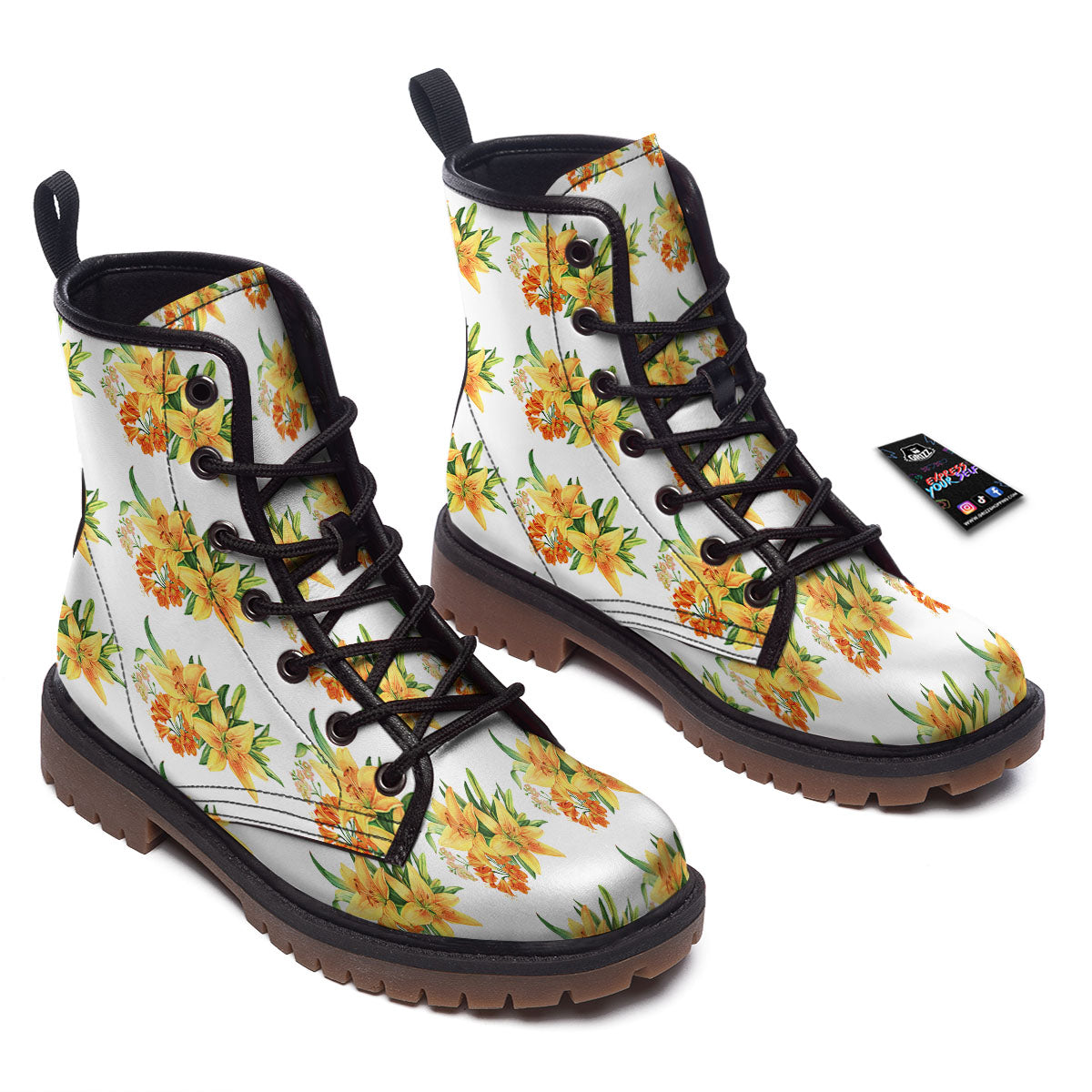 Yellow Lily Watercolor Print Pattern Work Boots-grizzshop