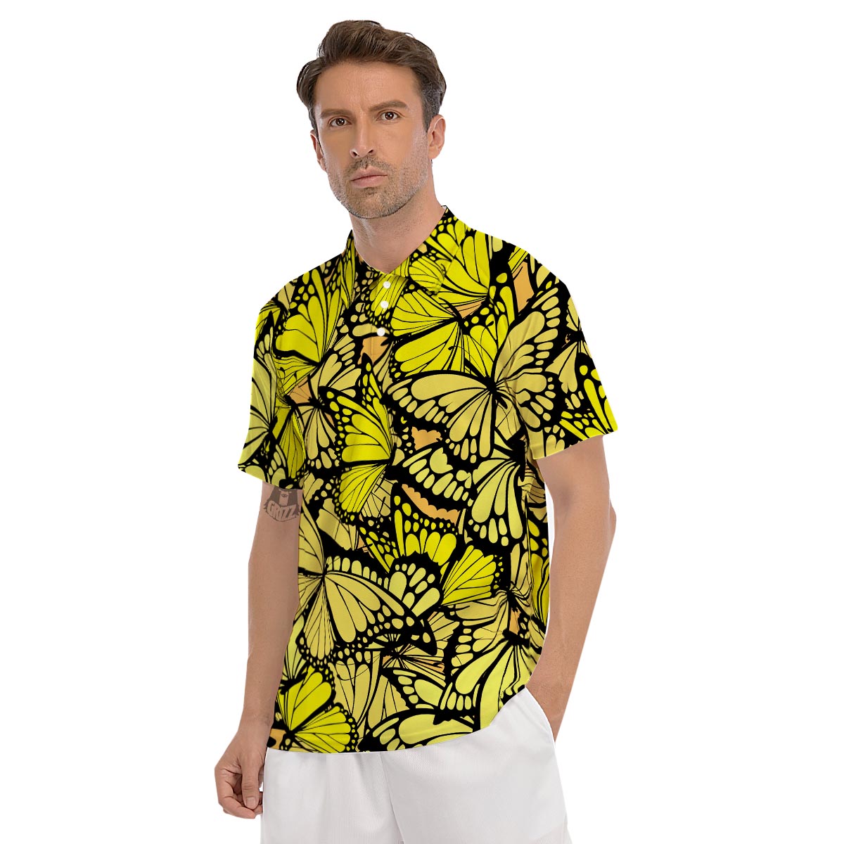 Yellow Monarch Butterfly Men's Golf Shirts-grizzshop