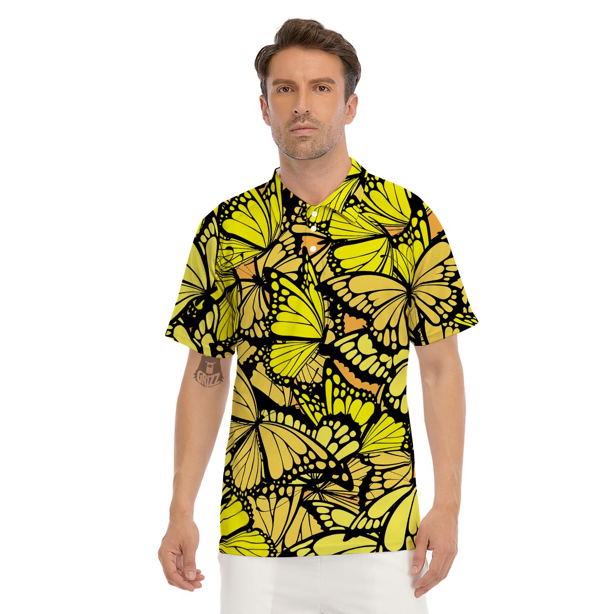 Yellow Monarch Butterfly Men's Golf Shirts-grizzshop