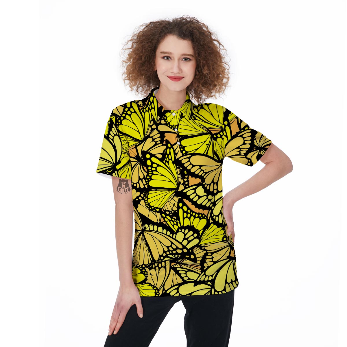 Yellow Monarch Butterfly Women's Golf Shirts-grizzshop