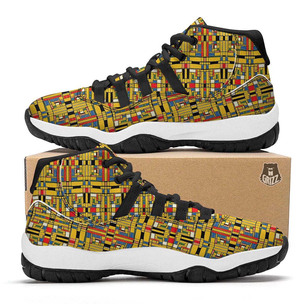 Yellow Mondrian Pattern Print Black Bball Shoes-grizzshop