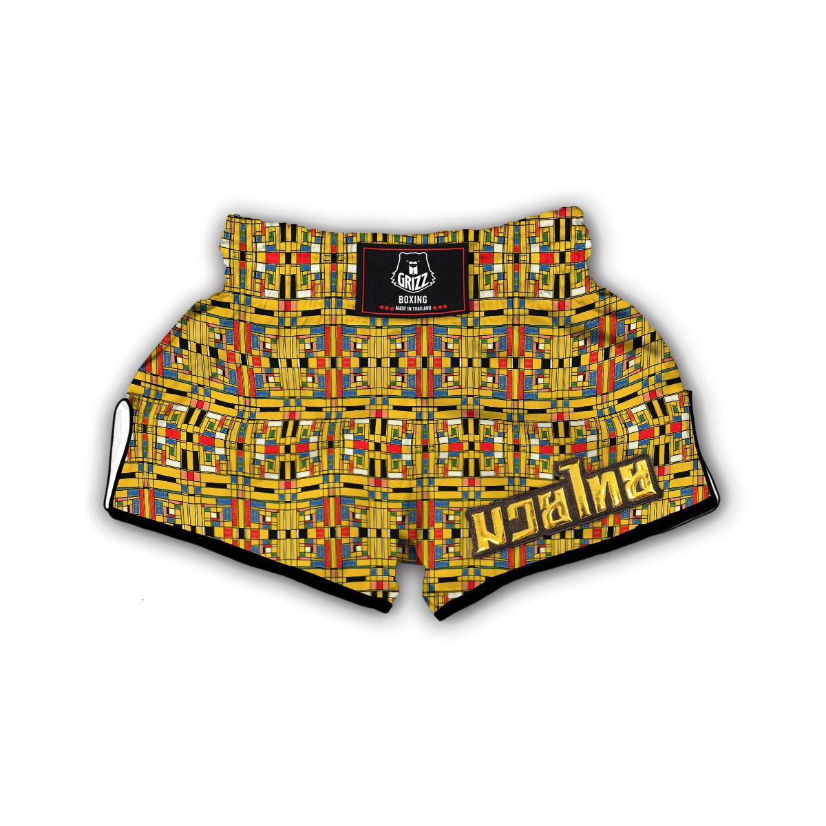 Yellow Mondrian Pattern Print Muay Thai Boxing Shorts-grizzshop