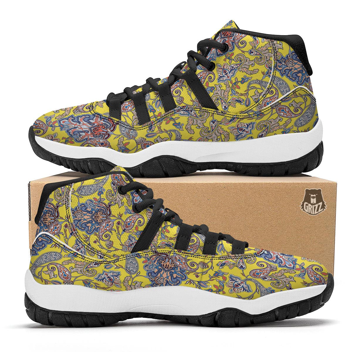 Yellow Paisley Pattern Print Black Bball Shoes-grizzshop