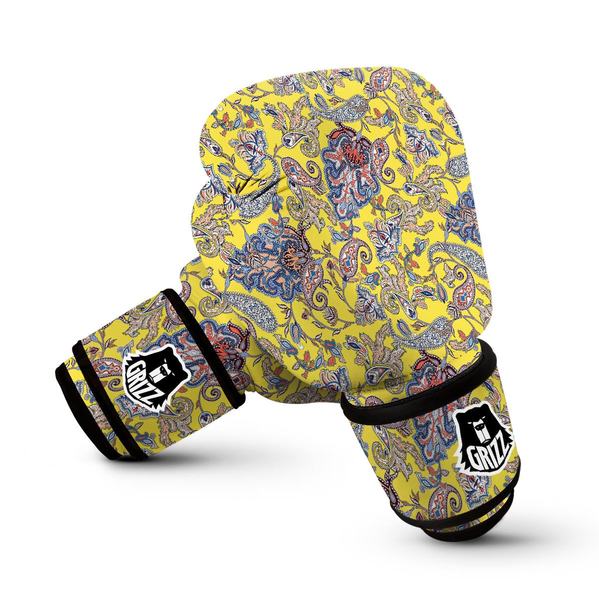 Yellow Paisley Pattern Print Boxing Gloves-grizzshop