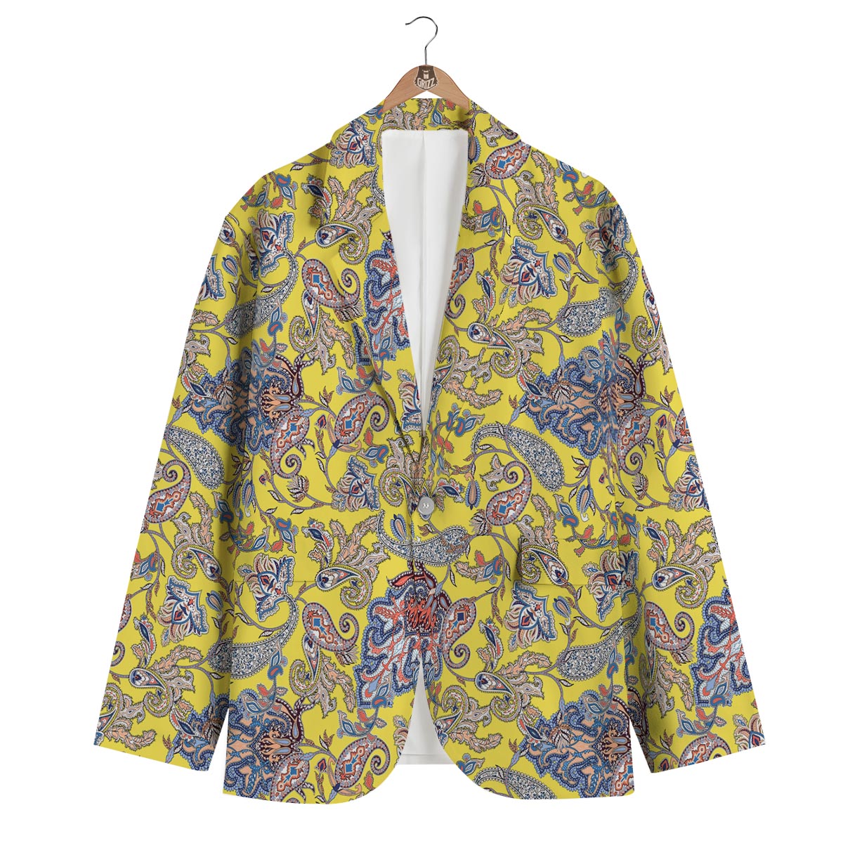 Yellow Paisley Pattern Print Men's Blazer-grizzshop