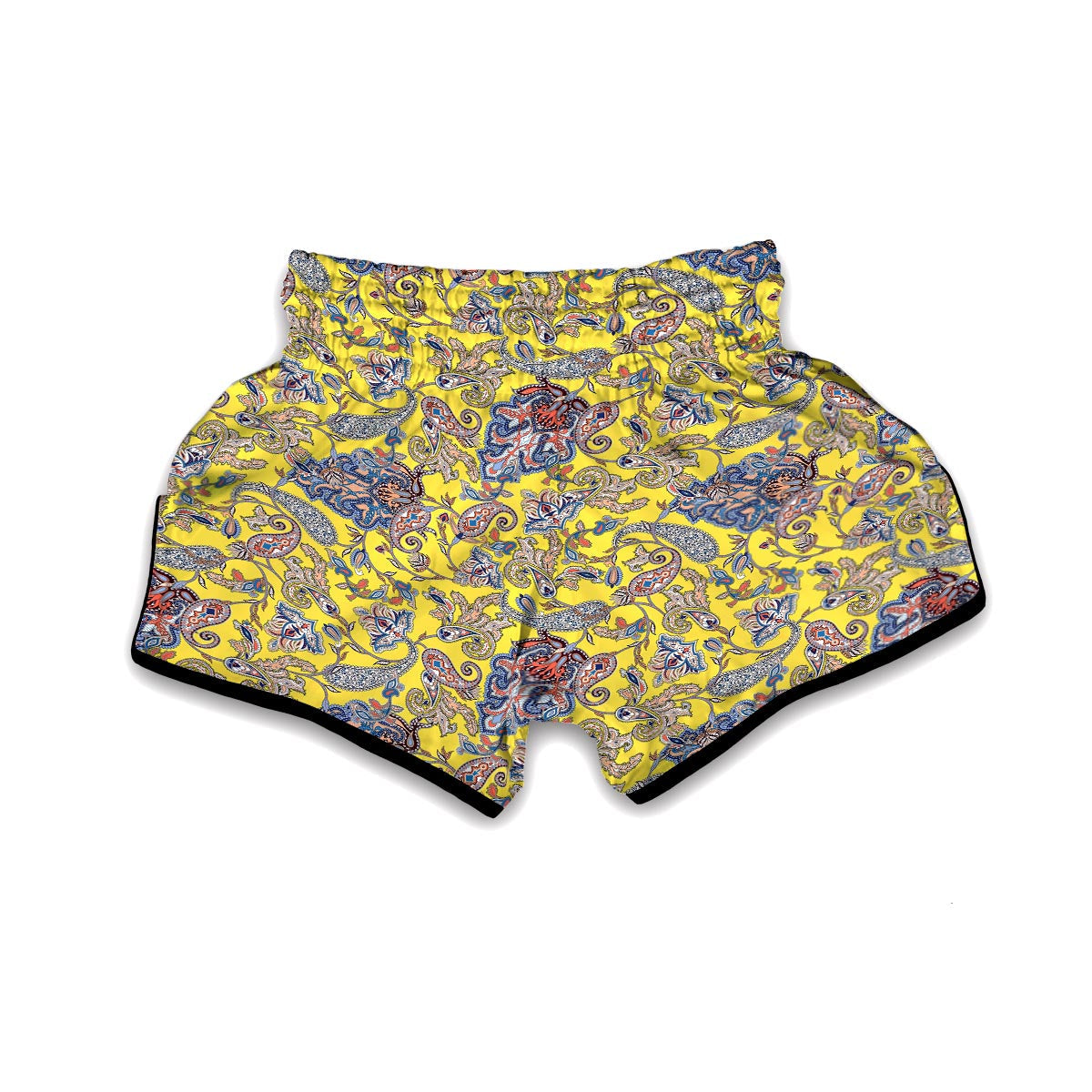 Yellow Paisley Pattern Print Muay Thai Boxing Shorts-grizzshop