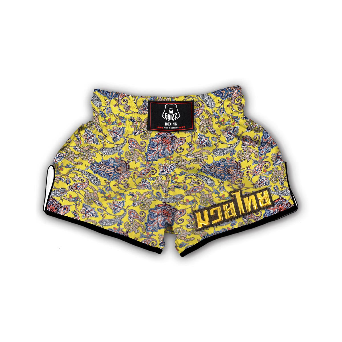 Yellow Paisley Pattern Print Muay Thai Boxing Shorts-grizzshop