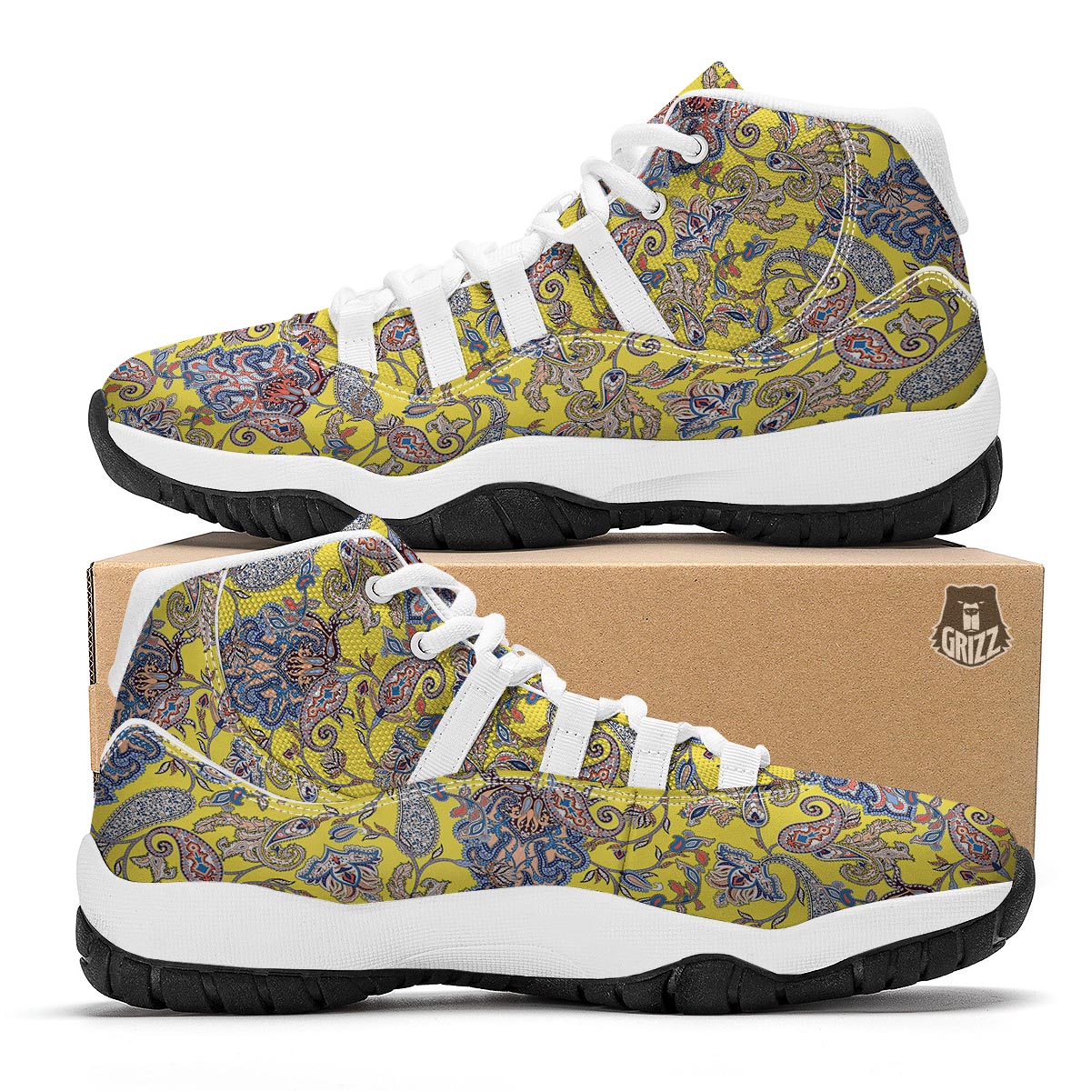 Yellow Paisley Pattern Print White Bball Shoes-grizzshop