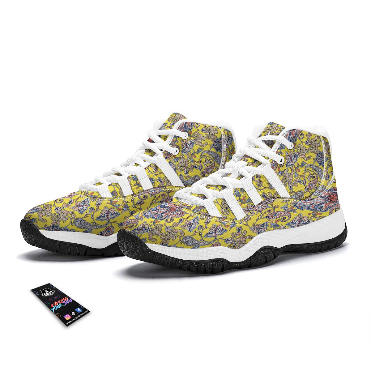 Yellow Paisley Pattern Print White Bball Shoes-grizzshop