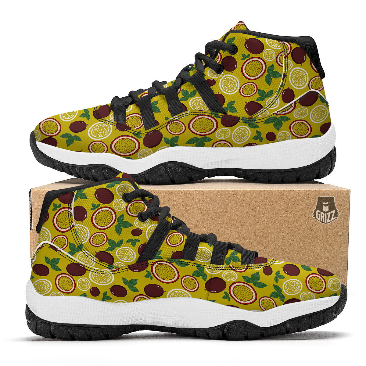 Yellow Passion Fruit Print Pattern Black Bball Shoes-grizzshop