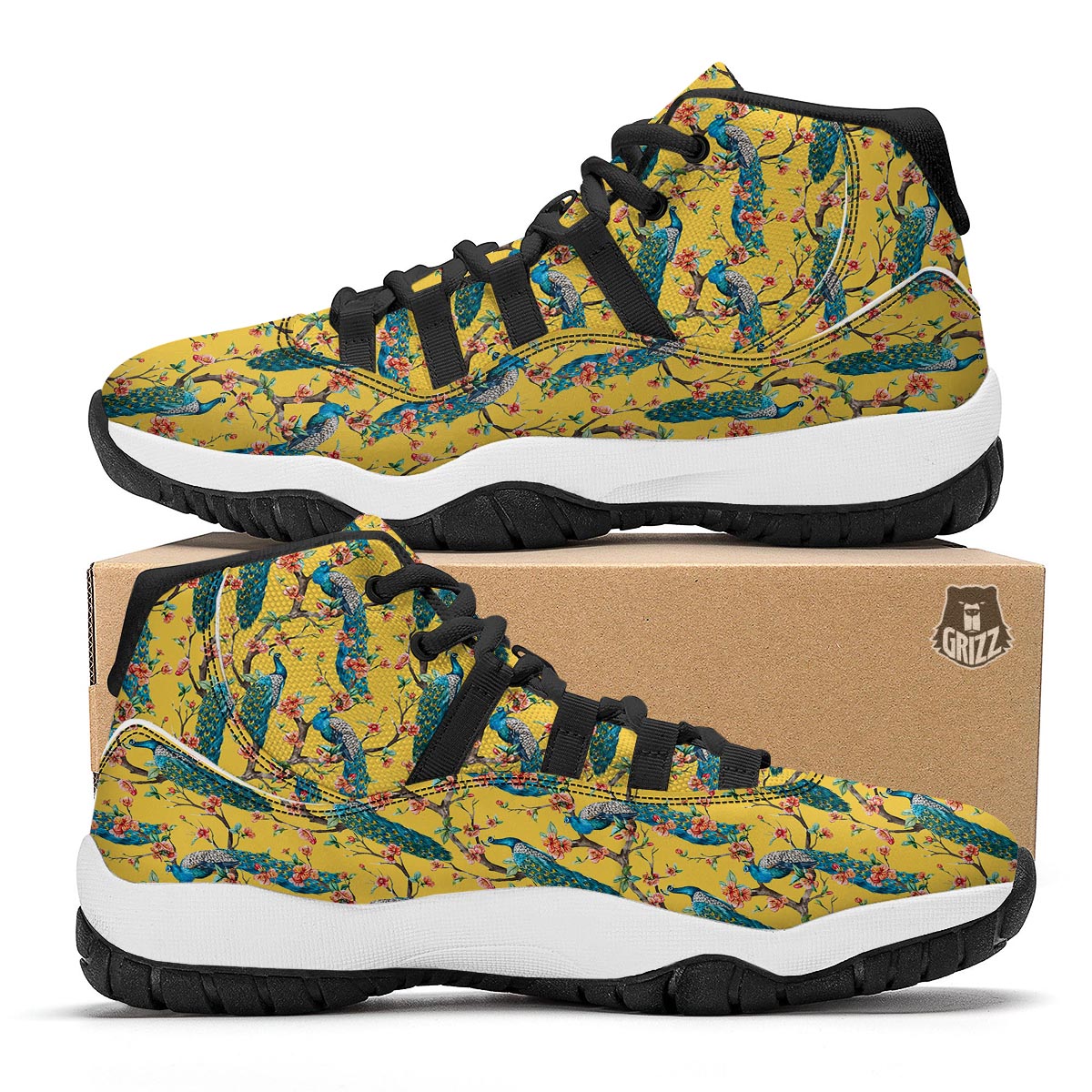 Yellow Peacock Floral Pattern Print Black Bball Shoes-grizzshop
