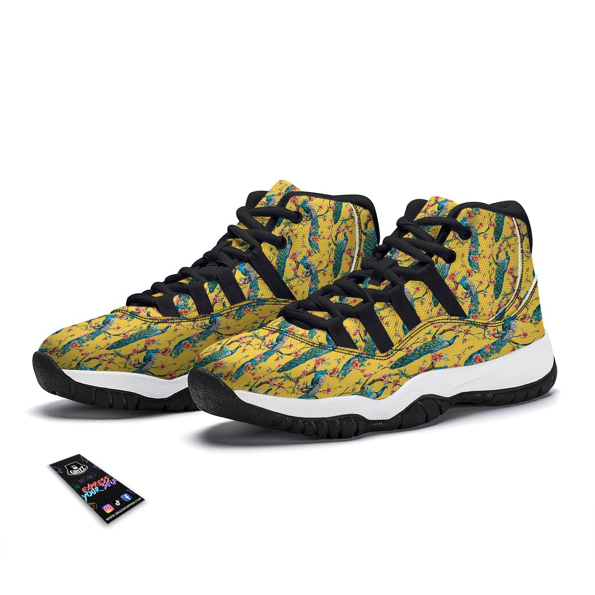 Yellow Peacock Floral Pattern Print Black Bball Shoes-grizzshop