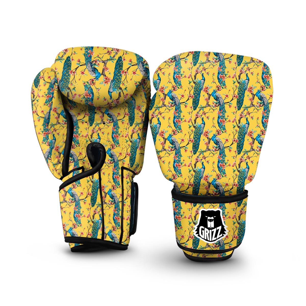 Yellow Peacock Floral Pattern Print Boxing Gloves-grizzshop