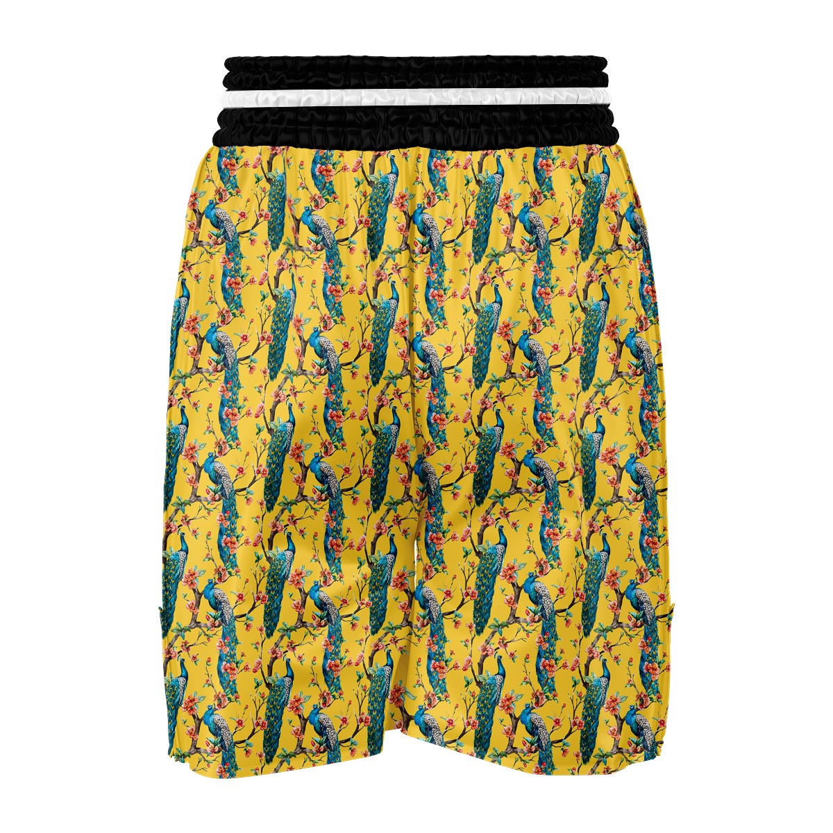 Yellow Peacock Floral Pattern Print Boxing Shorts-grizzshop