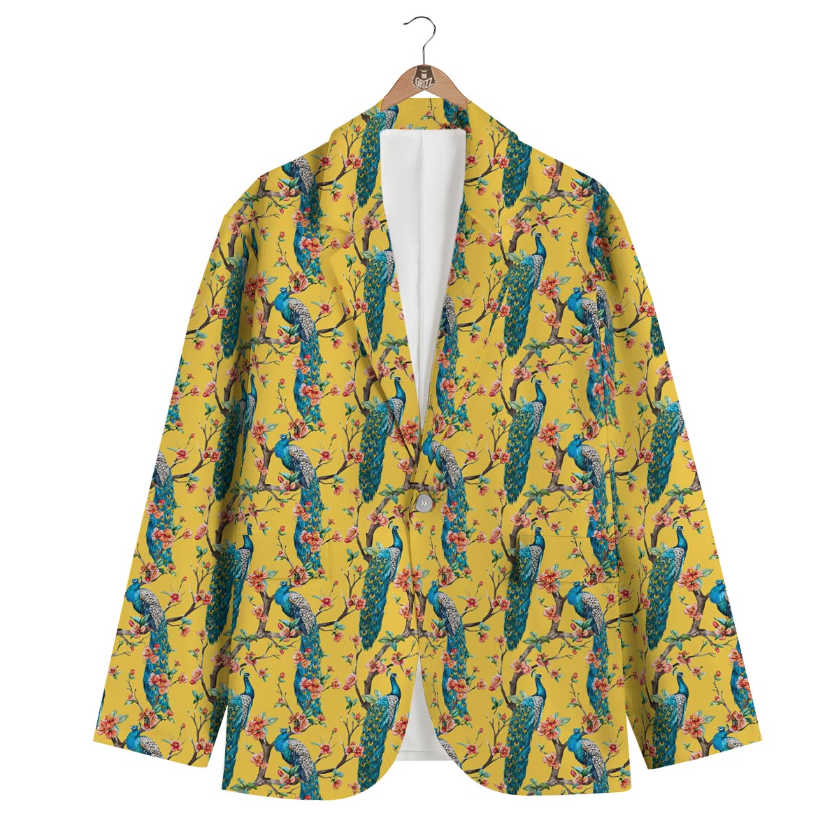 Yellow Peacock Floral Pattern Print Men's Blazer-grizzshop