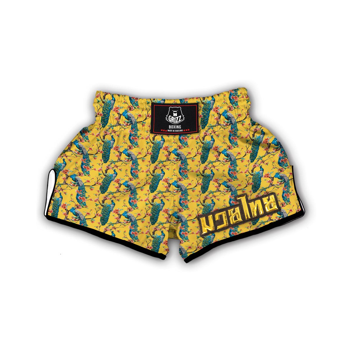 Yellow Peacock Floral Pattern Print Muay Thai Boxing Shorts-grizzshop