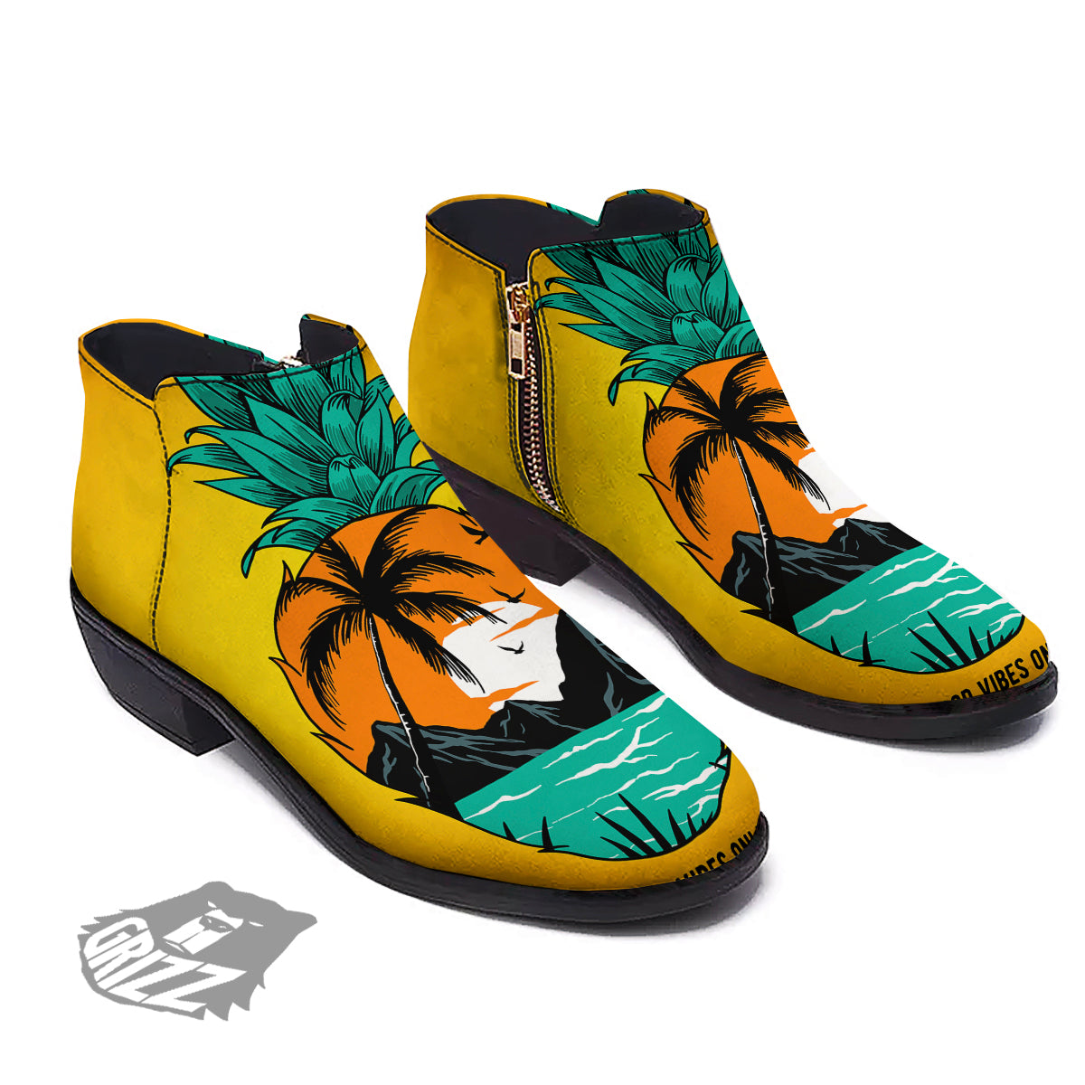 Yellow Pineapple Aloha Tropical Island Print Ankle Boots-grizzshop