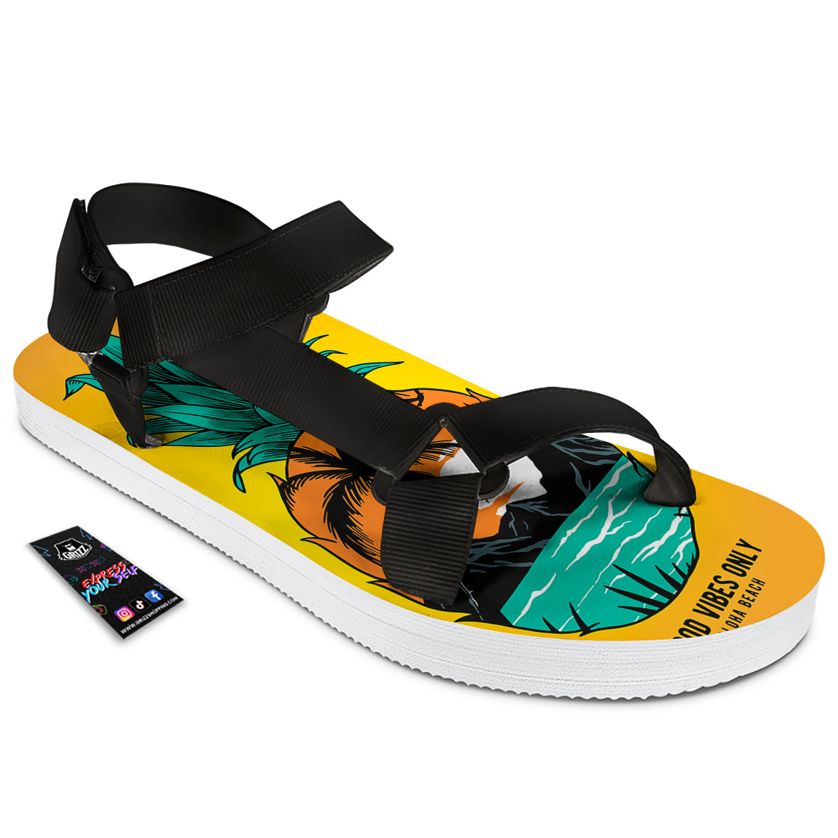 Yellow Pineapple Aloha Tropical Island Print Black Open Toe Sandals-grizzshop