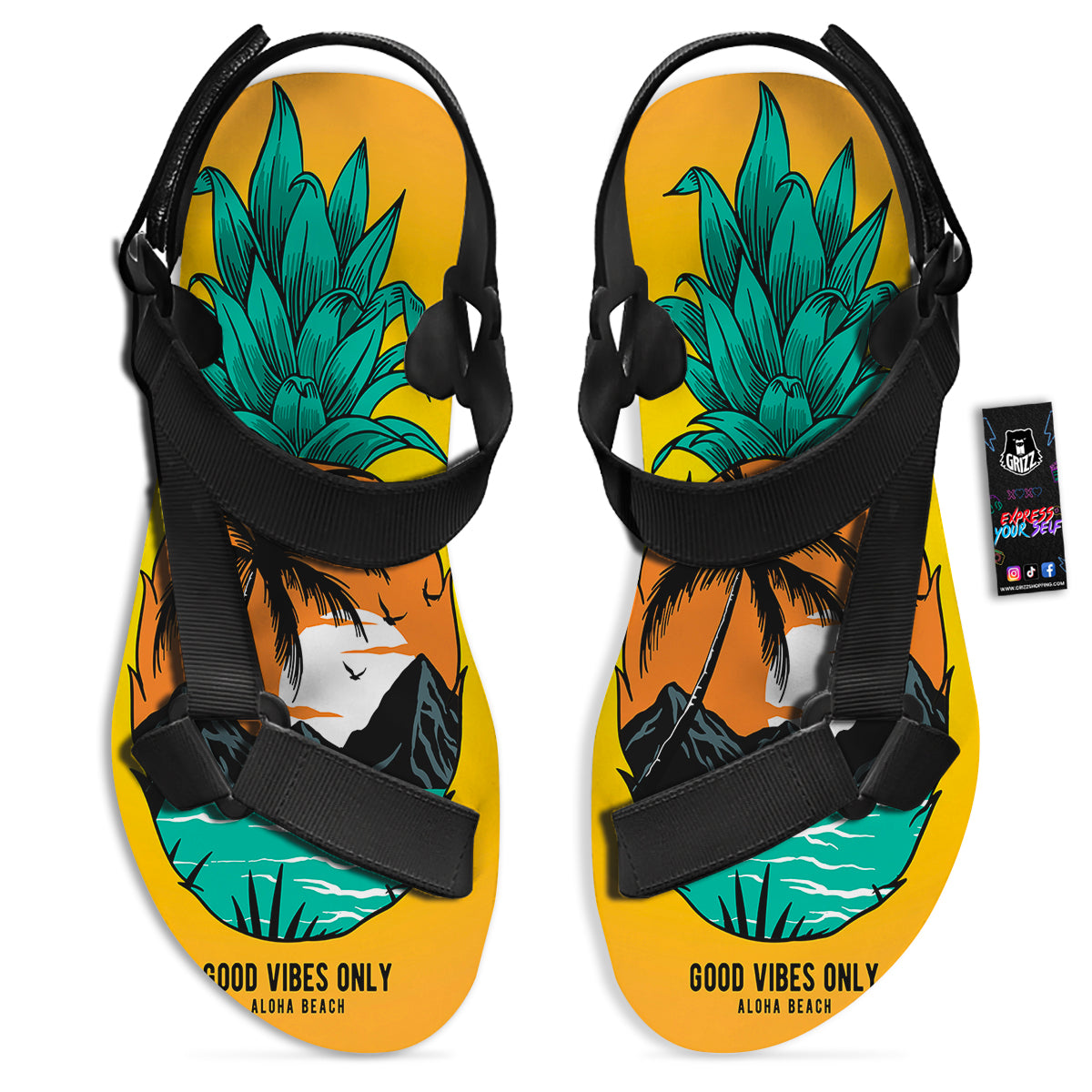 Yellow Pineapple Aloha Tropical Island Print Black Open Toe Sandals-grizzshop